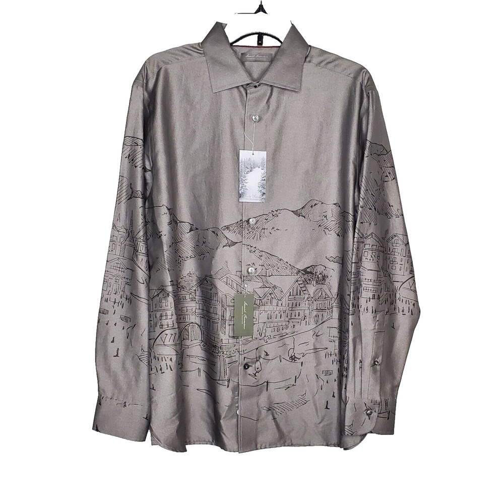 Daniel Cremieux Signature Mens Silver Gray Button Shirt Ski Print SZ L Cotton